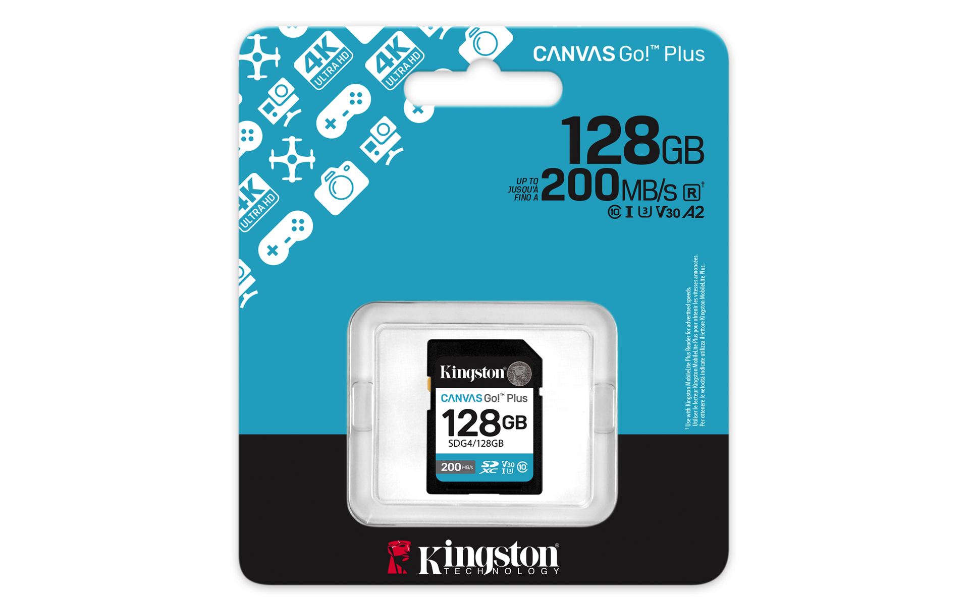 Karta SD Kingston Canvas Go! Plus 128GB. Czarno-żółta karta w plastikowym opakowaniu. Tekst: 4K Ultra HD i 200MB/s.