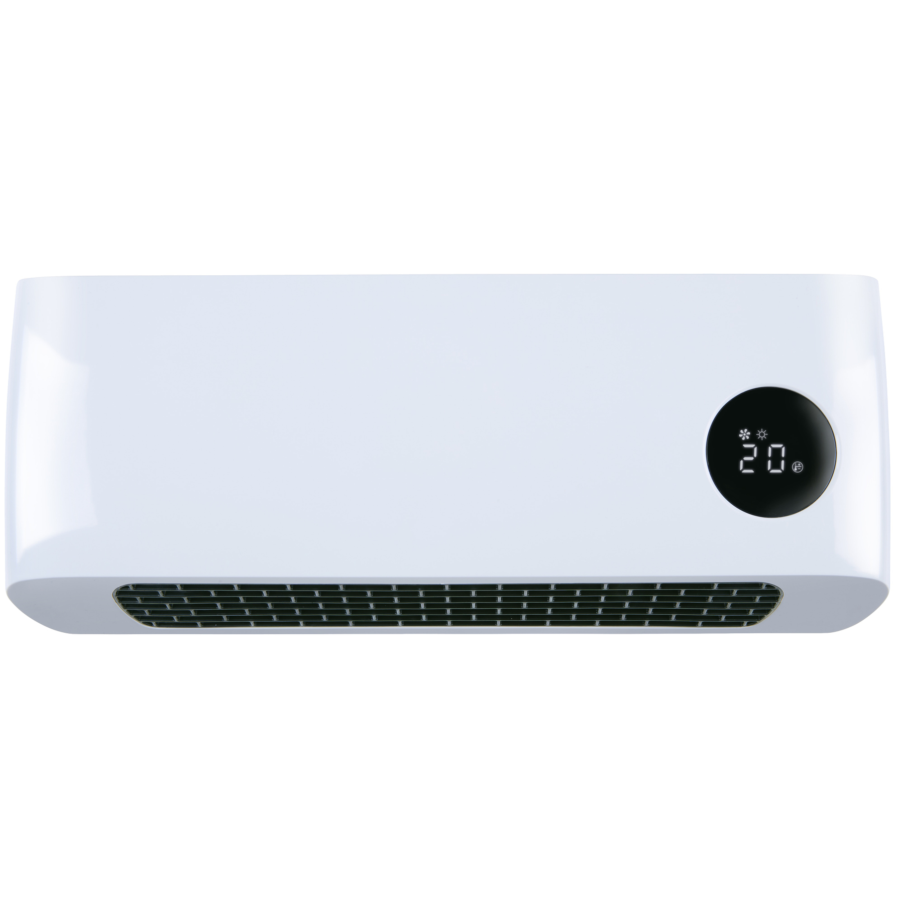 Un termoventilatore bianco a parete con una griglia nera in basso e un display digitale che mostra 20.