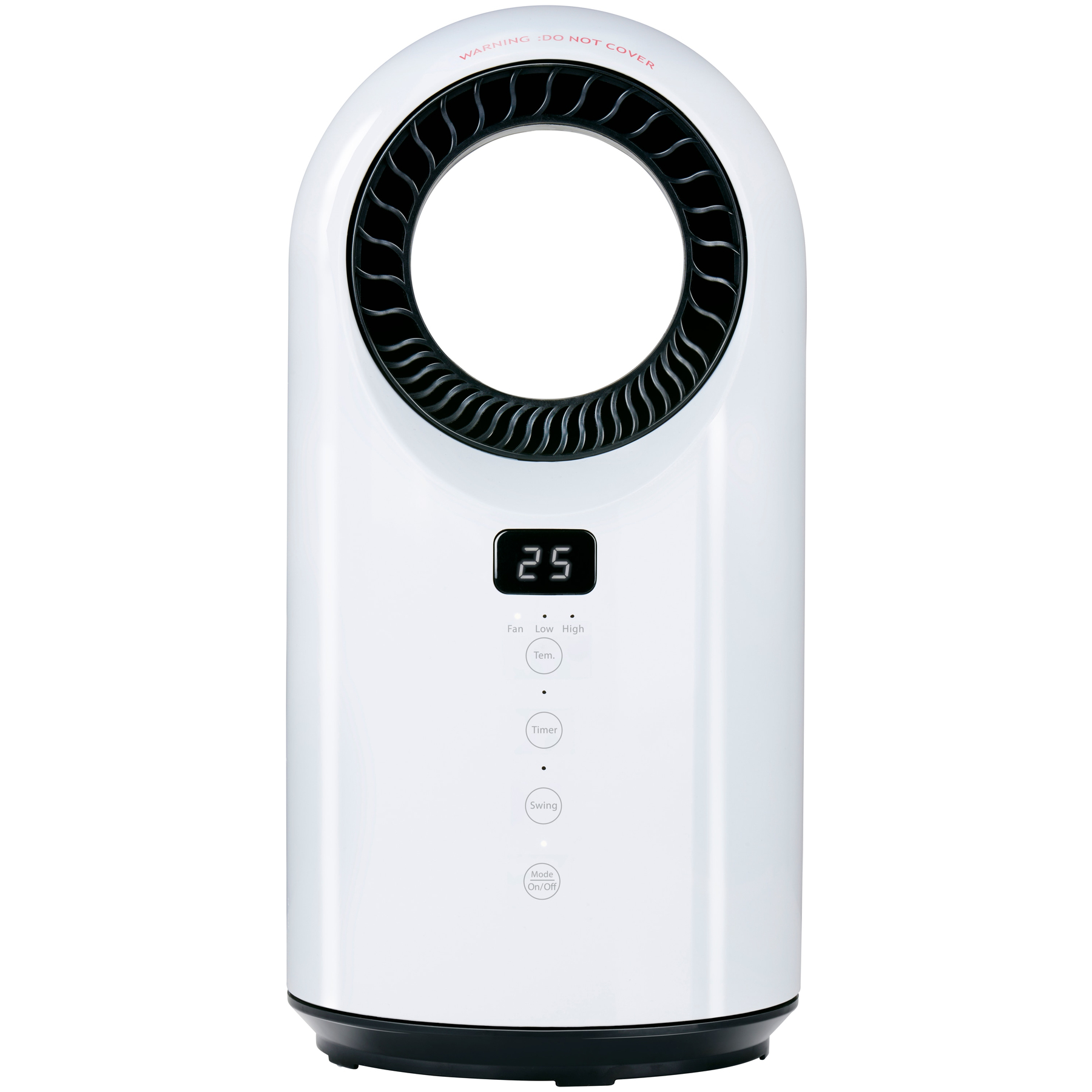 Witte ventilator met digitaal display met 25. Heeft een ronde ventilatieopening en bedieningsknoppen.