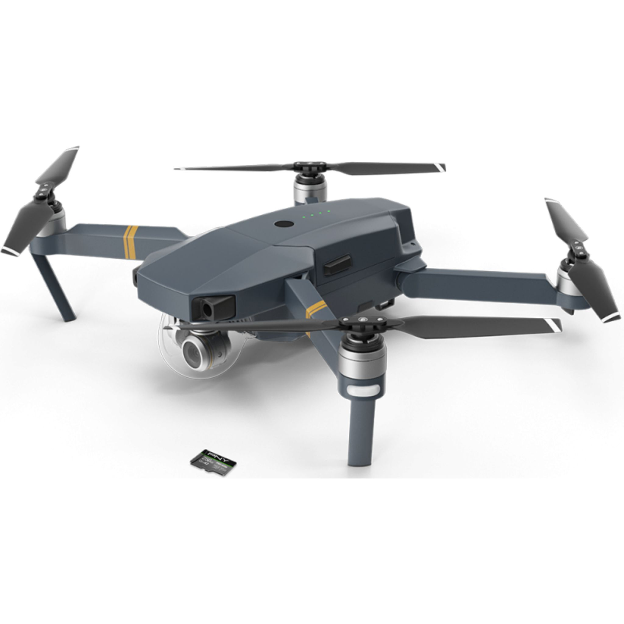 Un dron gris con hélices negras y una pequeña tarjeta de memoria sobre fondo blanco.