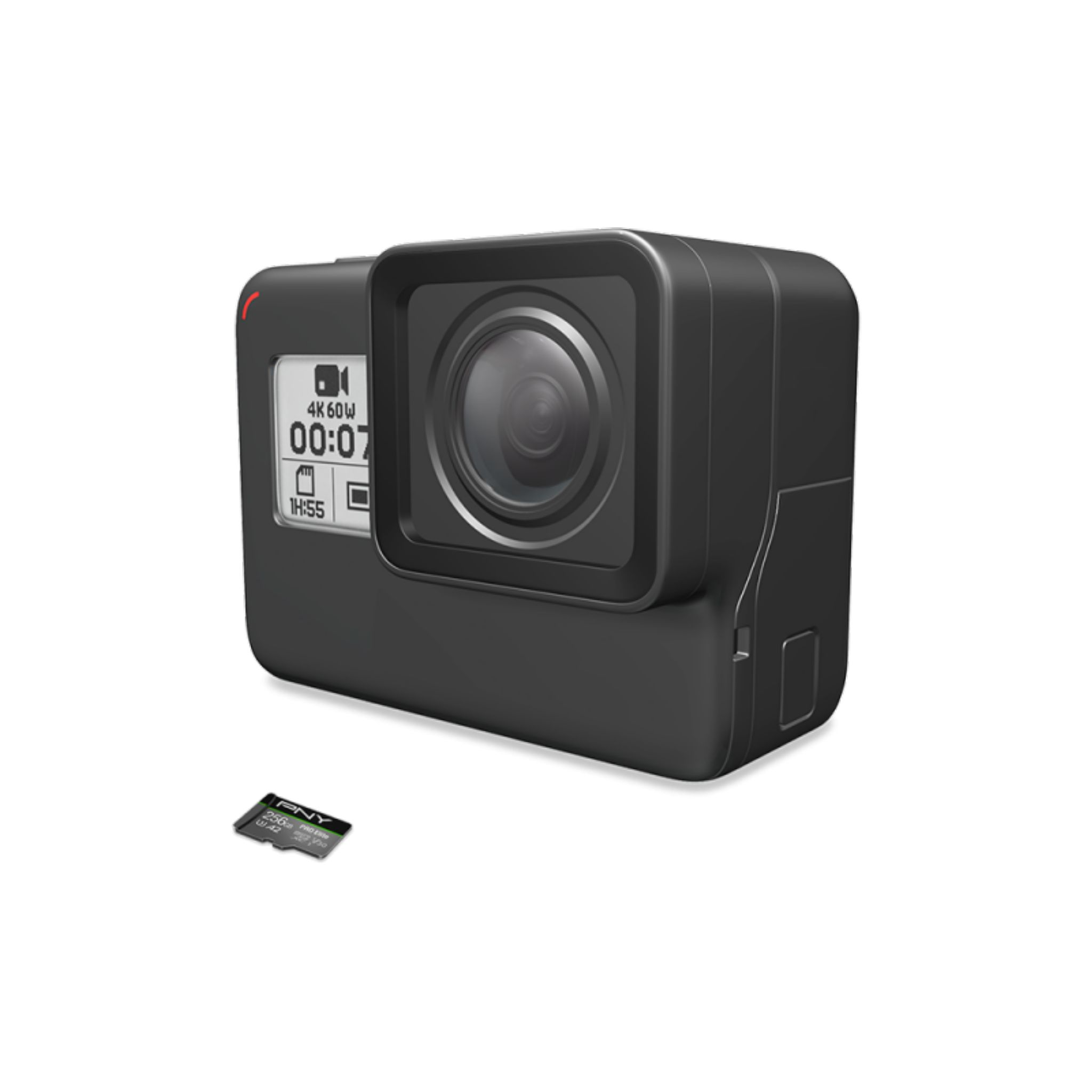 Una cámara de acción negra con una pantalla que muestra 4K 60W y una tarjeta de memoria sobre un fondo blanco.