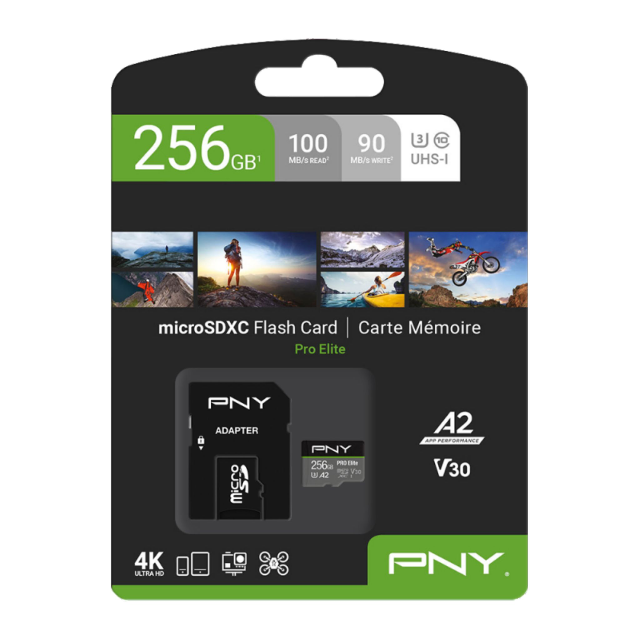 Embalaje de la tarjeta microSDXC PNY Pro Elite. Características: 256 GB, lectura a 100 MB/s y escritura a 90 MB/s, con fotos de acción.