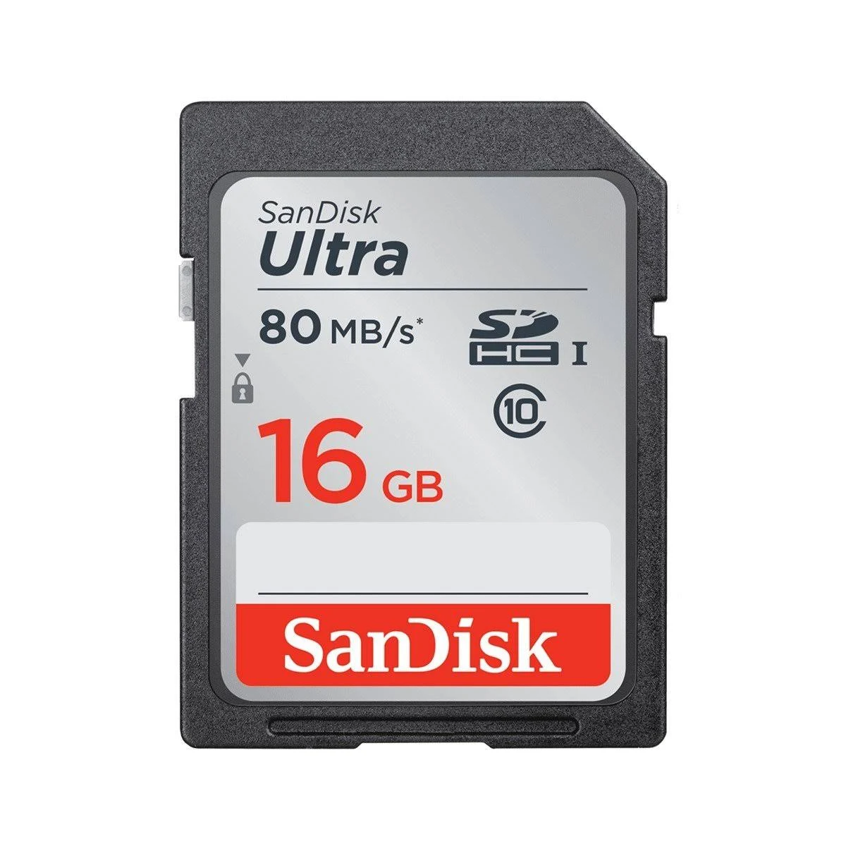 Una scheda SD SanDisk Ultra da 16 GB. Ha un corpo nero con testo bianco e rosso, incluso il marchio e la capacità di archiviazione.