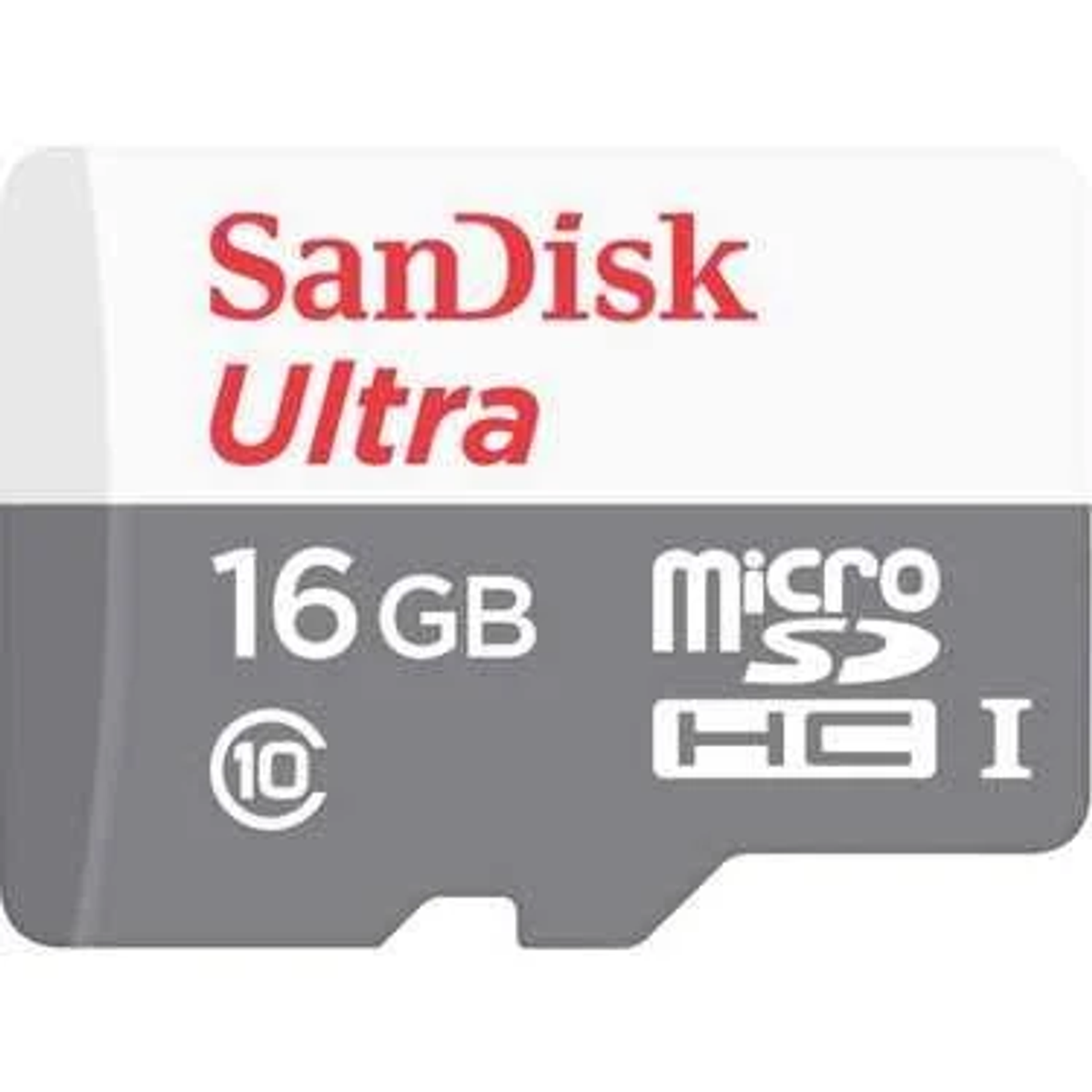 Scheda Micro SDHC SanDisk Ultra da 16 GB. Scheda bianca e grigia con testo rosso. Con logo SDHC.