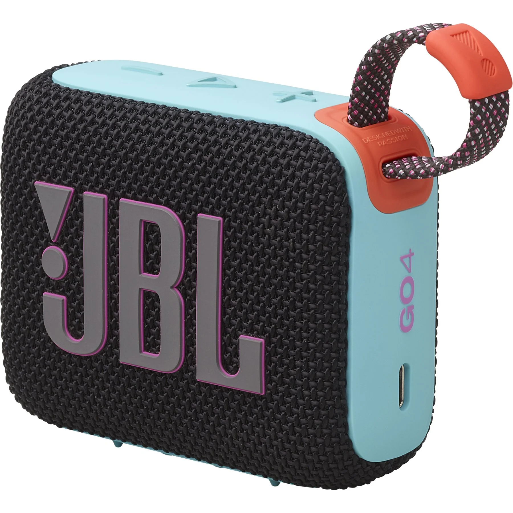 Siyah, turkuaz ve turuncu renklerde bir JBL Go 4 hoparlör. Taşıma halkası ve JBL logosu var.