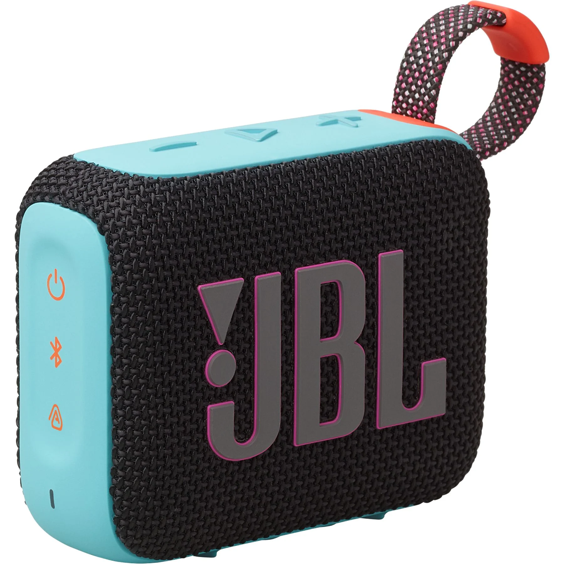 Bir JBL hoparlör. JBL logosu olan siyah file ön yüzü, akuamari rengi yanları ve pembe ile turuncu detaylı bir tutacağı var.