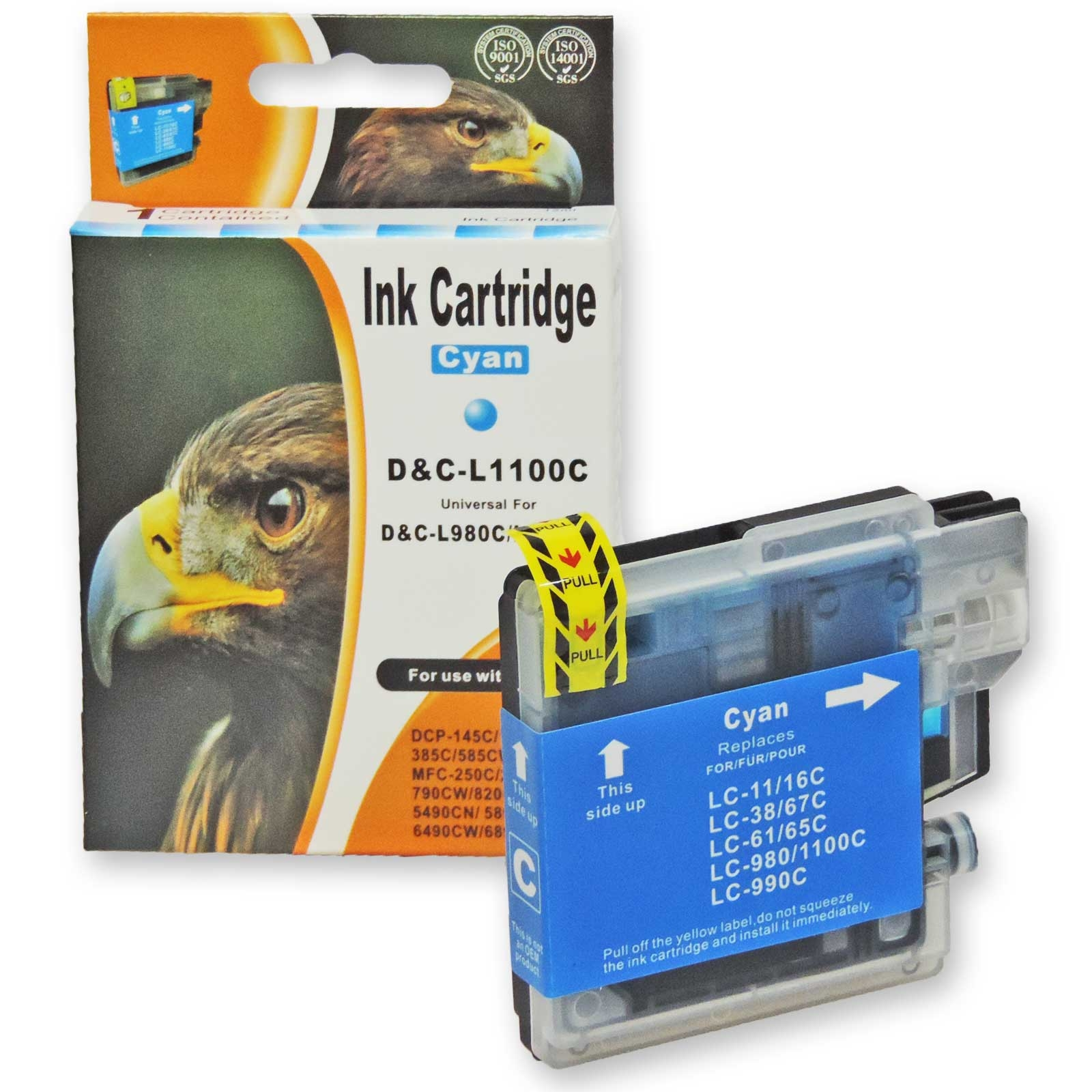 Eine Tintenpatronenbox mit einem Adlerbild und eine cyanfarbene Patrone daneben. Text beinhaltet 'Ink Cartridge Cyan'.
