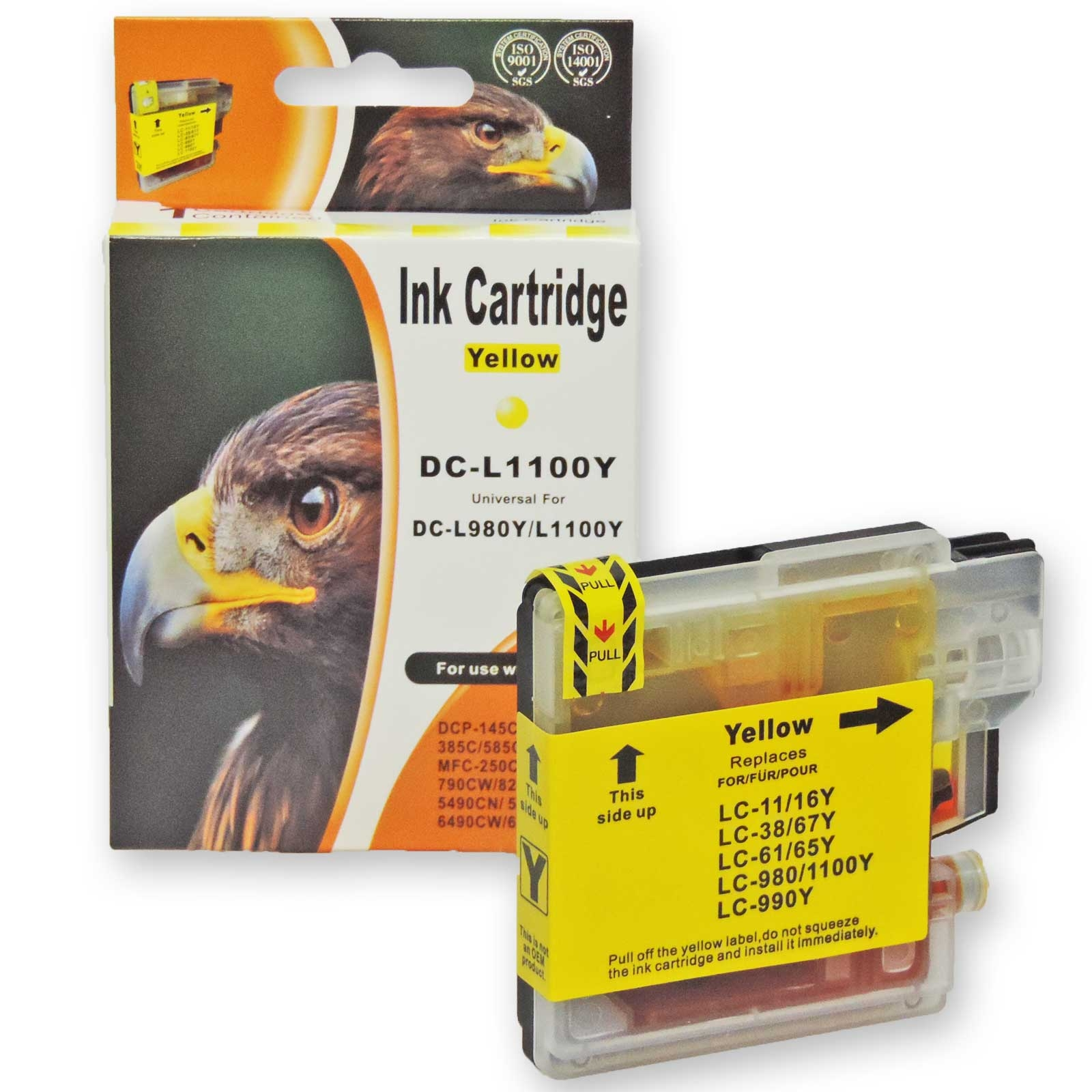 Tintenpatronenbox mit Adlerbild und gelber Tintenpatrone. Text enthält Modellnummern und Anweisungen.