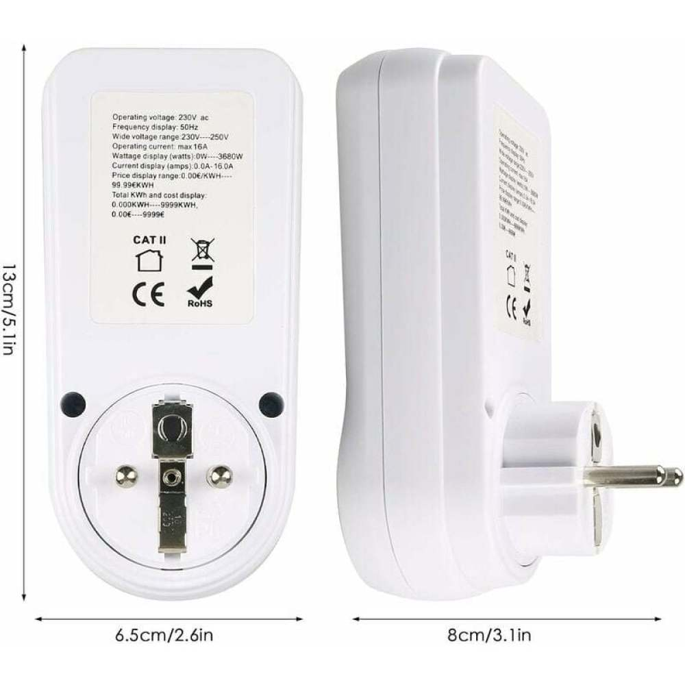 Zwei weiße Stromzähler. Einer zeigt die Vorderseite mit Stecker und Text. Der andere ist eine Seitenansicht.
