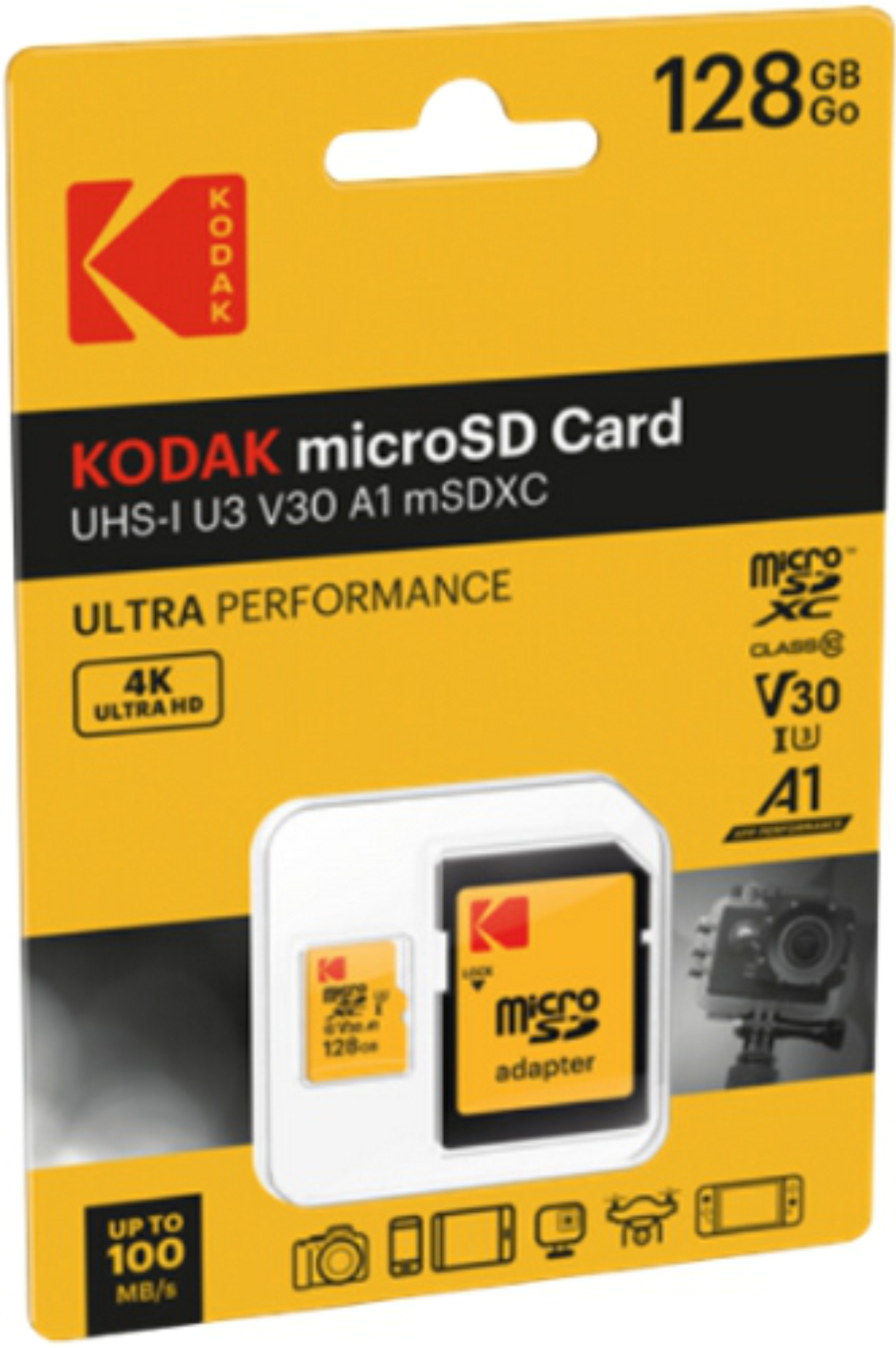 Kodak microSD-Kartenverpackung. Gelbes und schwarzes Design. Zeigt die Karte und den Adapter mit verschiedenen Symbolen und Text.