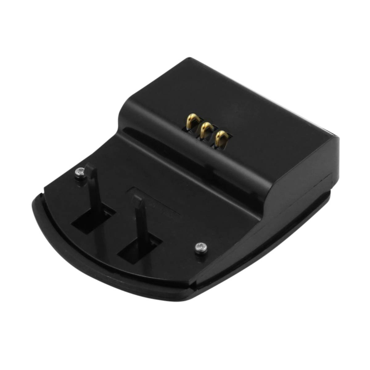 Eine schwarze Ladestation mit drei goldfarbenen Kontaktstiften. Es hat zwei vertikale Zinken und eine gebogene Basis.