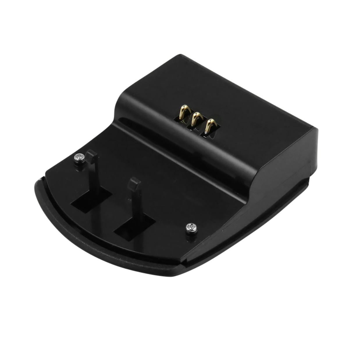Schwarze Ladestation mit goldenen Stiften. Sie hat zwei Stifte und eine gebogene Basis. Schrauben sind sichtbar.