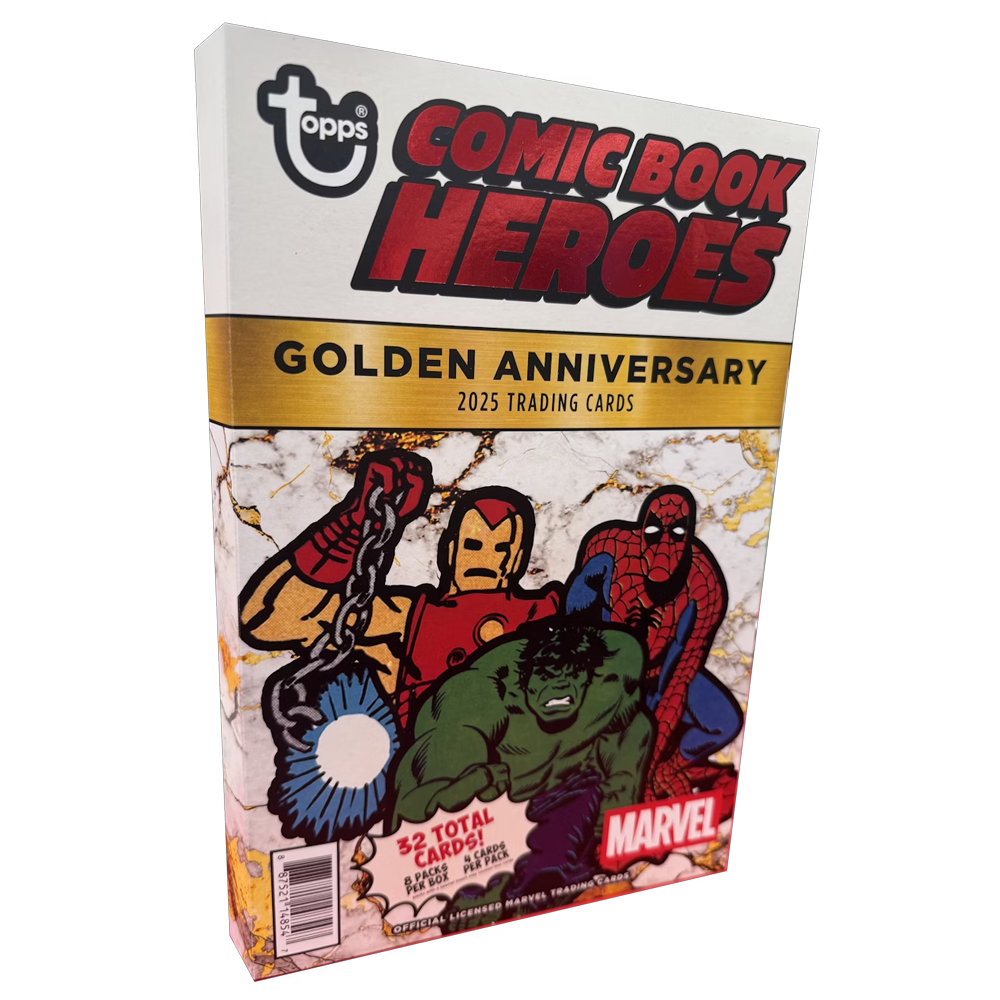 Eine Sammelkartenbox mit Marvel Comic Book Heroes. Sie zeigt Iron Man, Spider-Man und Hulk. Auf der Box steht Golden Anniversary 2025.