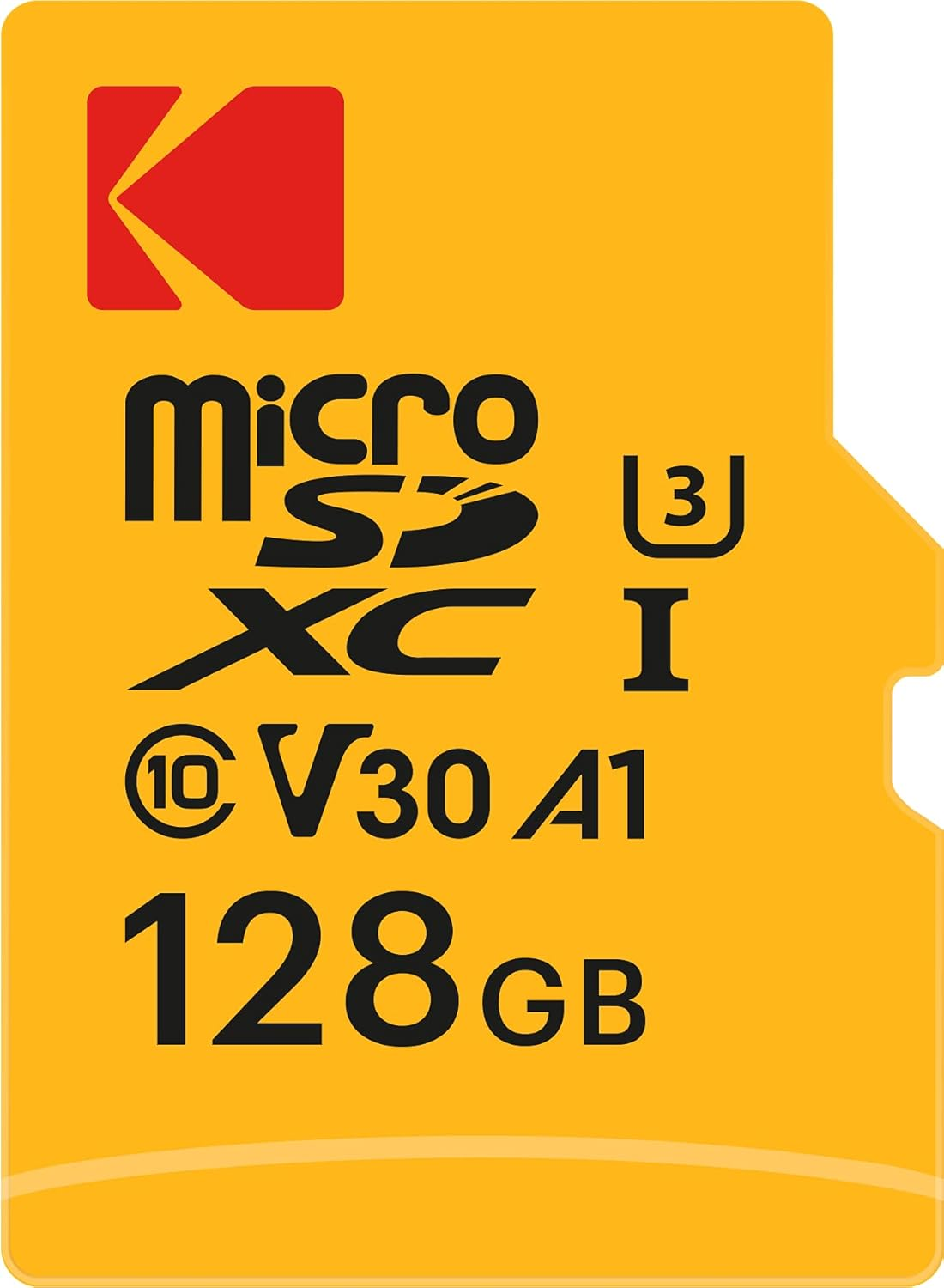 Eine gelbe Kodak microSD-Karte mit schwarzem Text, einschließlich 'micro SDXC 128GB'. Oben links befindet sich ein rotes 'K'-Logo.