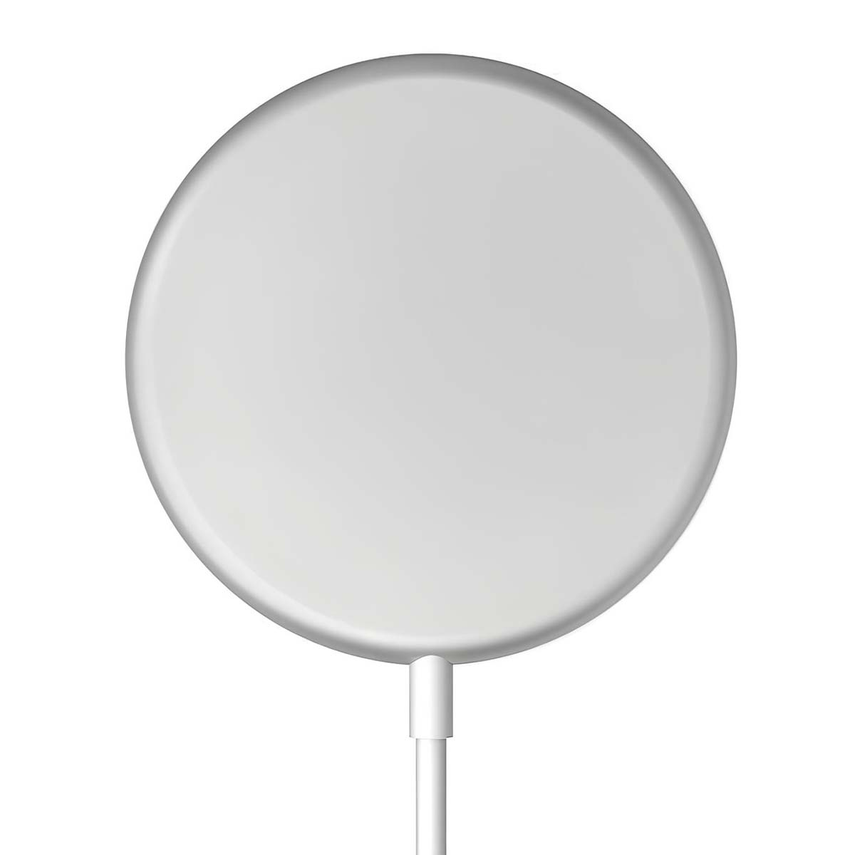 Ein weißes, kreisförmiges kabelloses Ladegerät mit einem weißen Kabel, das sich von unten erstreckt. Das Ladegerät hat einen silbernen Rand.