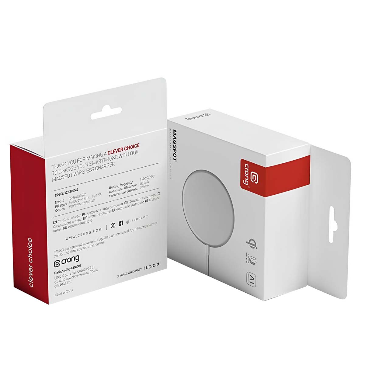 Weiße und rote Crong Magspot Wireless-Ladegerät-Box. Text auf der Box enthält Spezifikationen und 'clevere Wahl'.