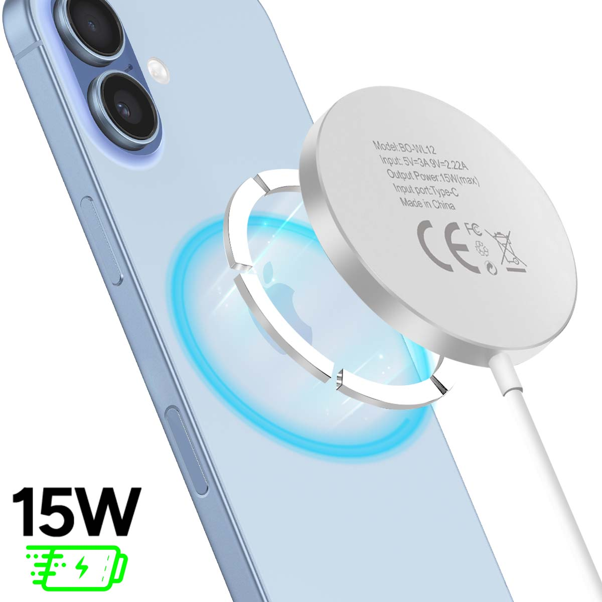 Ein Telefon, das kabellos geladen wird. Ein weißes Ladepad ist am Telefon befestigt. Das Telefon ist hellblau. Text enthält 15W und CE Logos.