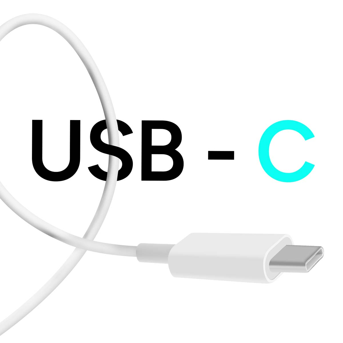 Ein weißes USB-C-Kabel mit Stecker wird gezeigt. Der Text "USB-C" steht auf weißem Hintergrund. Das "C" ist hellblau.