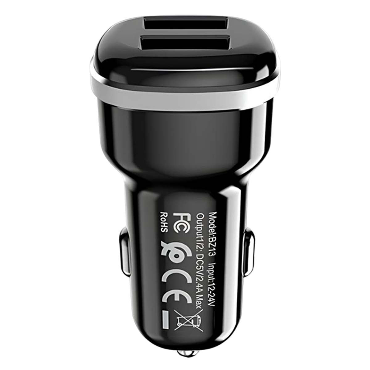 Un caricabatterie per auto nero con due porte USB. Ha accenti bianchi e simboli normativi. Testo include modello e informazioni sull'alimentazione.