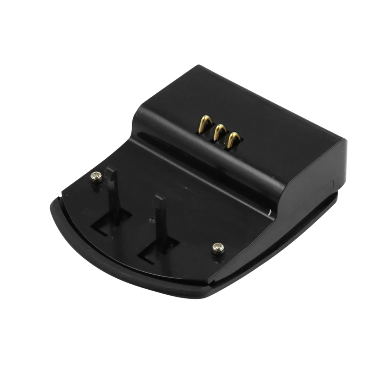 Eine schwarze Ladestation mit goldfarbenen Stiften. Sie hat zwei hervorstehende Stifte und zwei silberne Schrauben. Die Basis ist gebogen.
