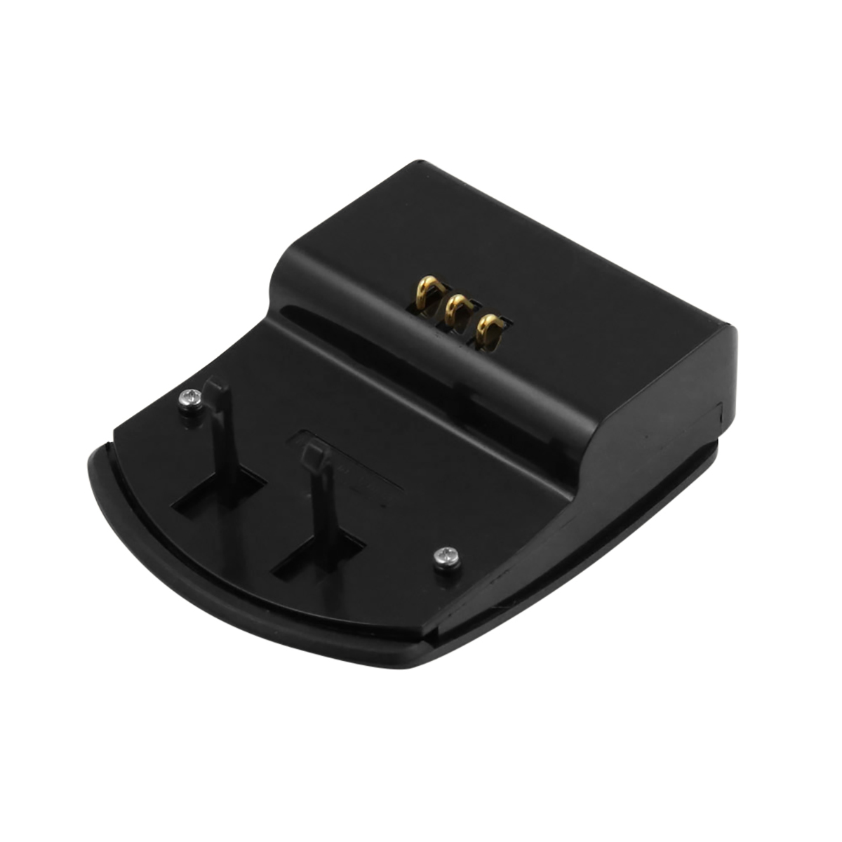 Eine schwarze Ladestation mit drei goldfarbenen Stiften oben. Zwei kleine Pfosten und zwei Schrauben sind an der Basis zu sehen.