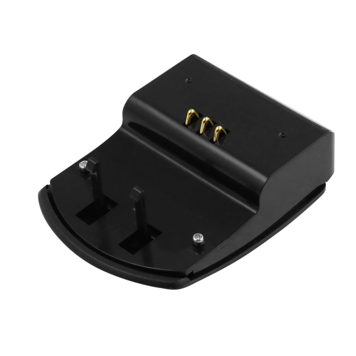 Eine schwarze Ladestation mit goldfarbenen Stiften. Sie hat eine gebogene Basis mit zwei Schlitzen und silbernen Schrauben.