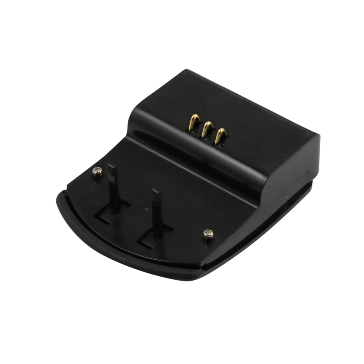 Schwarze Ladestation mit goldenen Anschlüssen. Zwei vertikale Pfosten und zwei Schrauben sind sichtbar. Gebogene Basis.