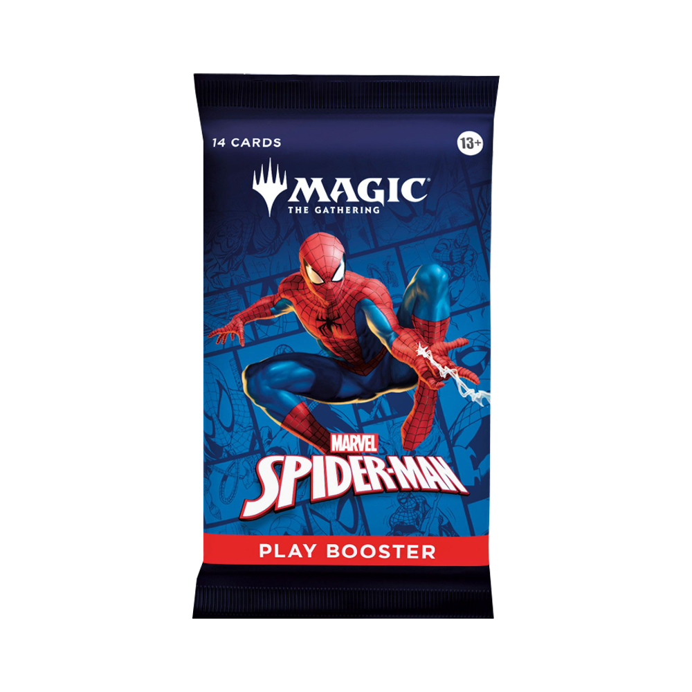 Ein Magic: The Gathering Marvel Spider-Man Play Booster Pack. Es zeigt Spider-Man auf blauem Hintergrund.