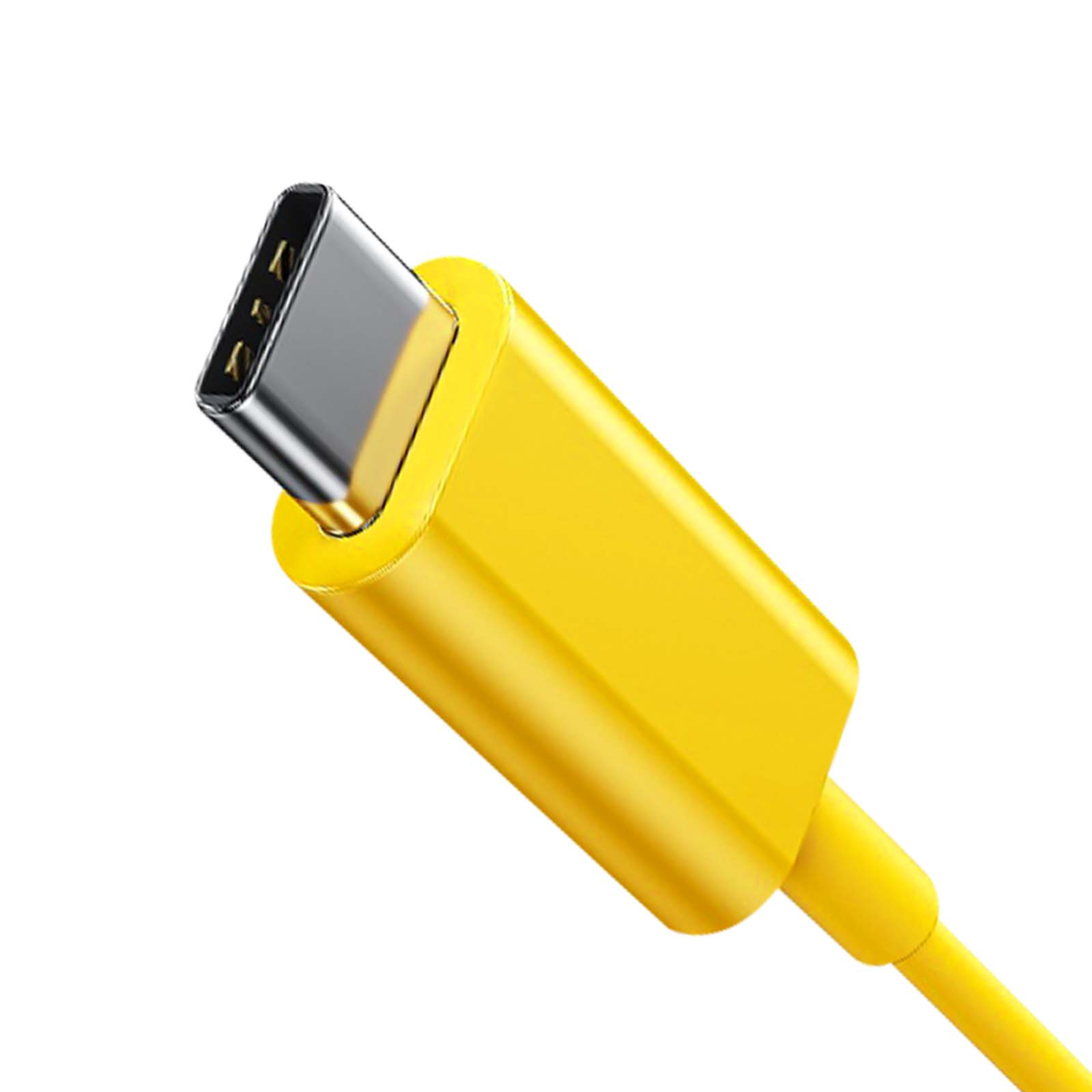 Ein gelbes USB-C-Kabel auf weißem Hintergrund. Der Stecker ist silberfarben, das Kabel ist zum Betrachter abgewinkelt.