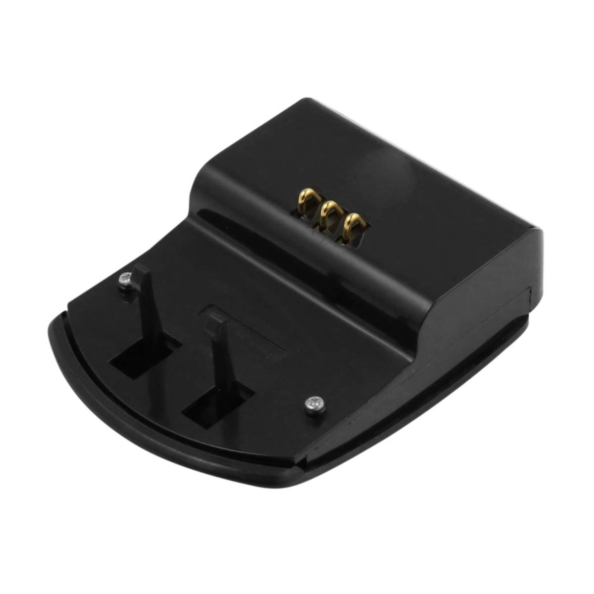 Eine schwarze Ladestation mit goldfarbenen Stiften. Sie hat eine gebogene Vorderseite und zwei vertikale Schlitze. Schrauben sichern die Struktur.