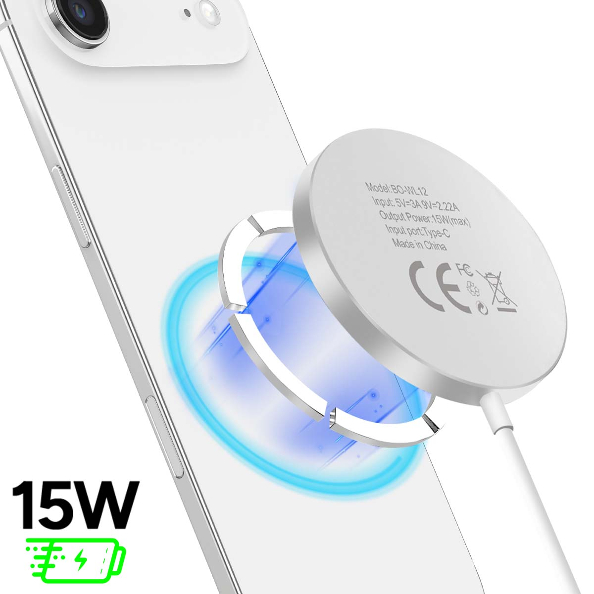 Ein weißes Telefon mit einem kabellosen Ladegerät. Das Ladegerät ist mit dem Telefon verbunden. Das Ladegerät hat eine 15W Leistung.