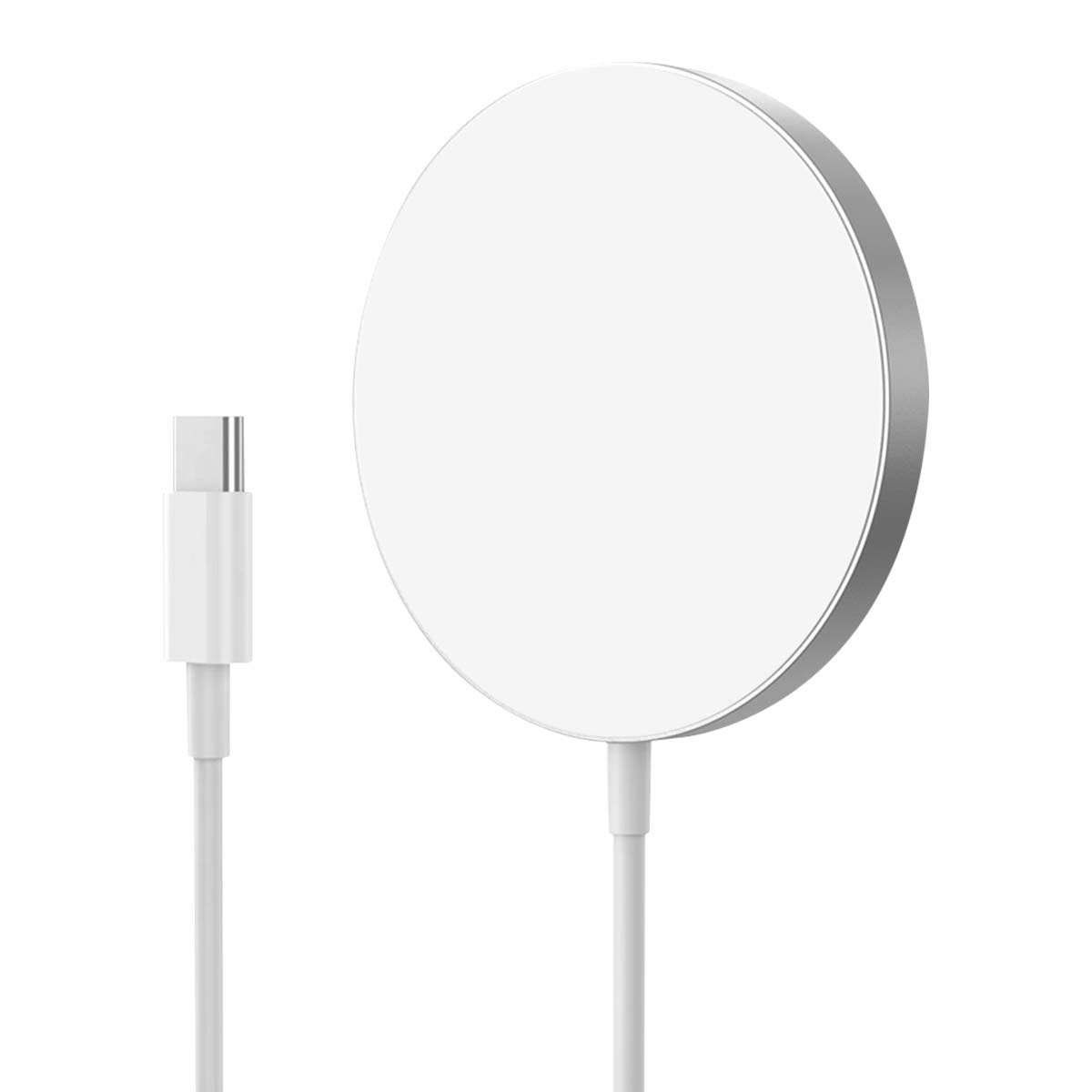 Ein weißes, kreisförmiges kabelloses Ladegerät mit silbernem Rand. Ein weißes USB-C-Kabel ist mit dem Ladegerät verbunden.