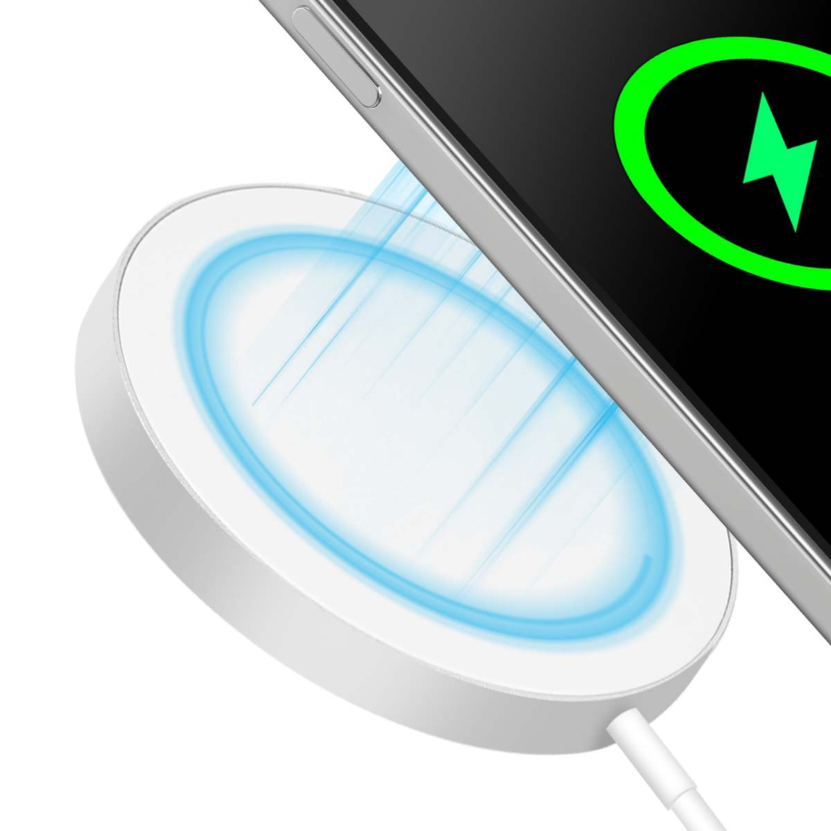 Ein weißes kabelloses Ladegerät mit einem Telefon darauf. Der Telefonbildschirm zeigt ein Ladesymbol. Blaue Bögen deuten auf kabelloses Laden hin.