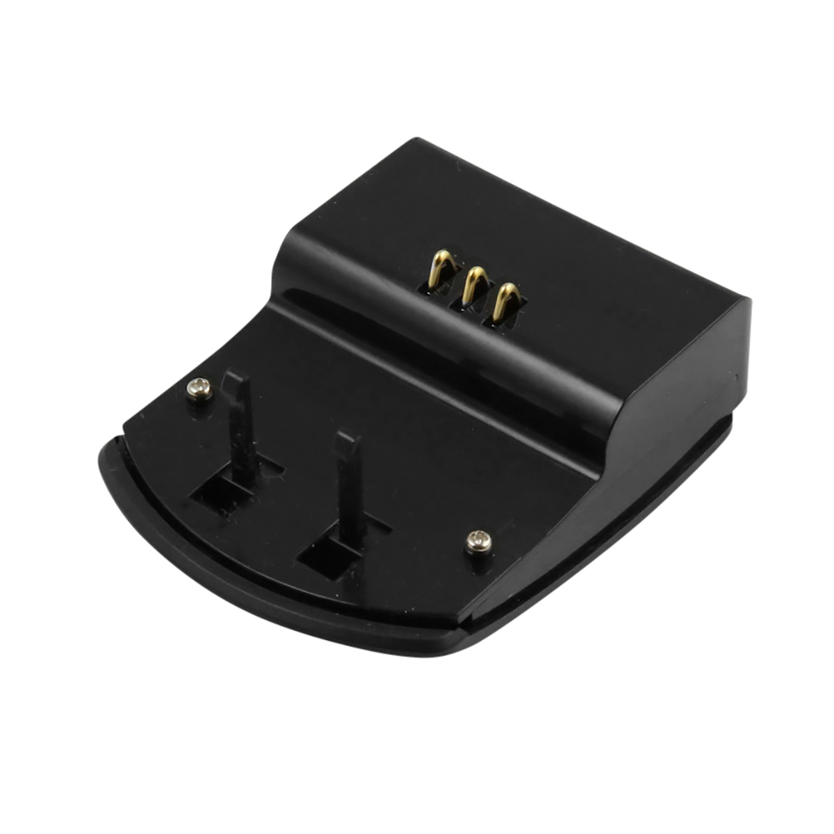Eine schwarze Ladestation mit zwei Stiften und drei goldfarbenen Anschlüssen. Zwei Schrauben sind an der Basis sichtbar.
