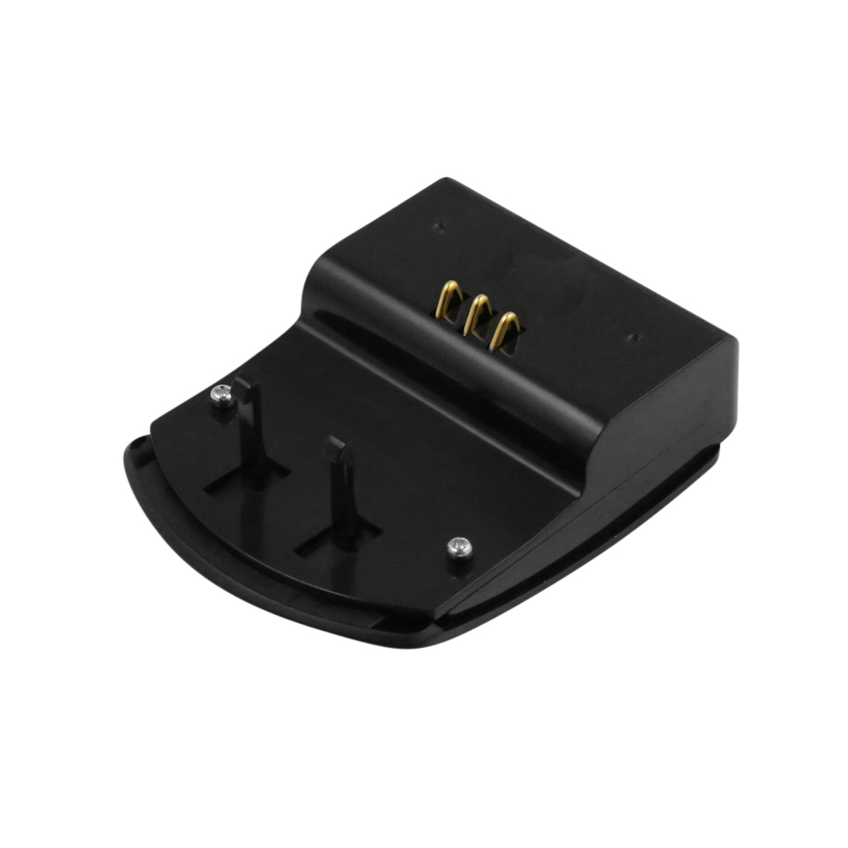 Eine schwarze Ladestation mit zwei vertikalen Stiften und drei goldfarbenen Pins. Die Station hat eine gebogene Basis und eine rechteckige Oberseite.