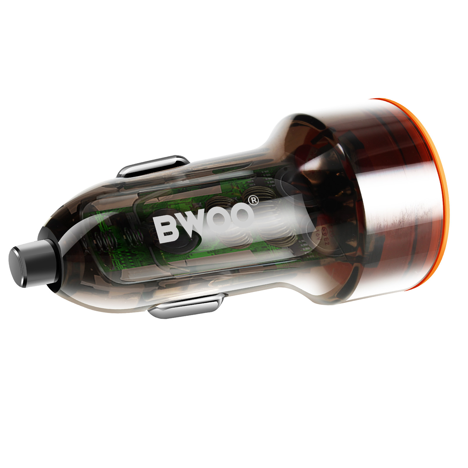 Un caricabatterie per auto trasparente con punta arancione, che mostra i circuiti interni e il logo 'BWOO'. Ha una finitura lucida.