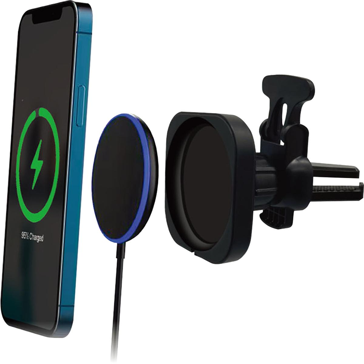 Ein Telefon, das drahtlos aufgeladen wird, mit einem Ladegerät und einer Autolüfterhalterung, alles schwarz und blau.