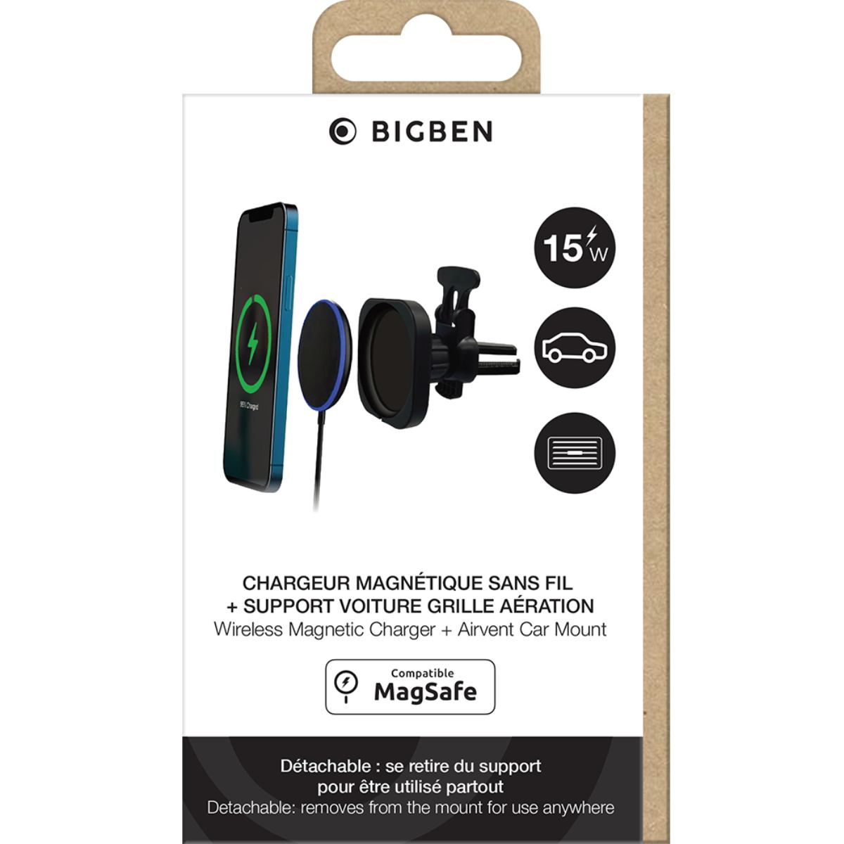 Ein Telefon, das kabellos auf einer Autohalterung geladen wird, mit einem MagSafe-Logo. Die Verpackung enthält die Bigben- und 15W-Logos.