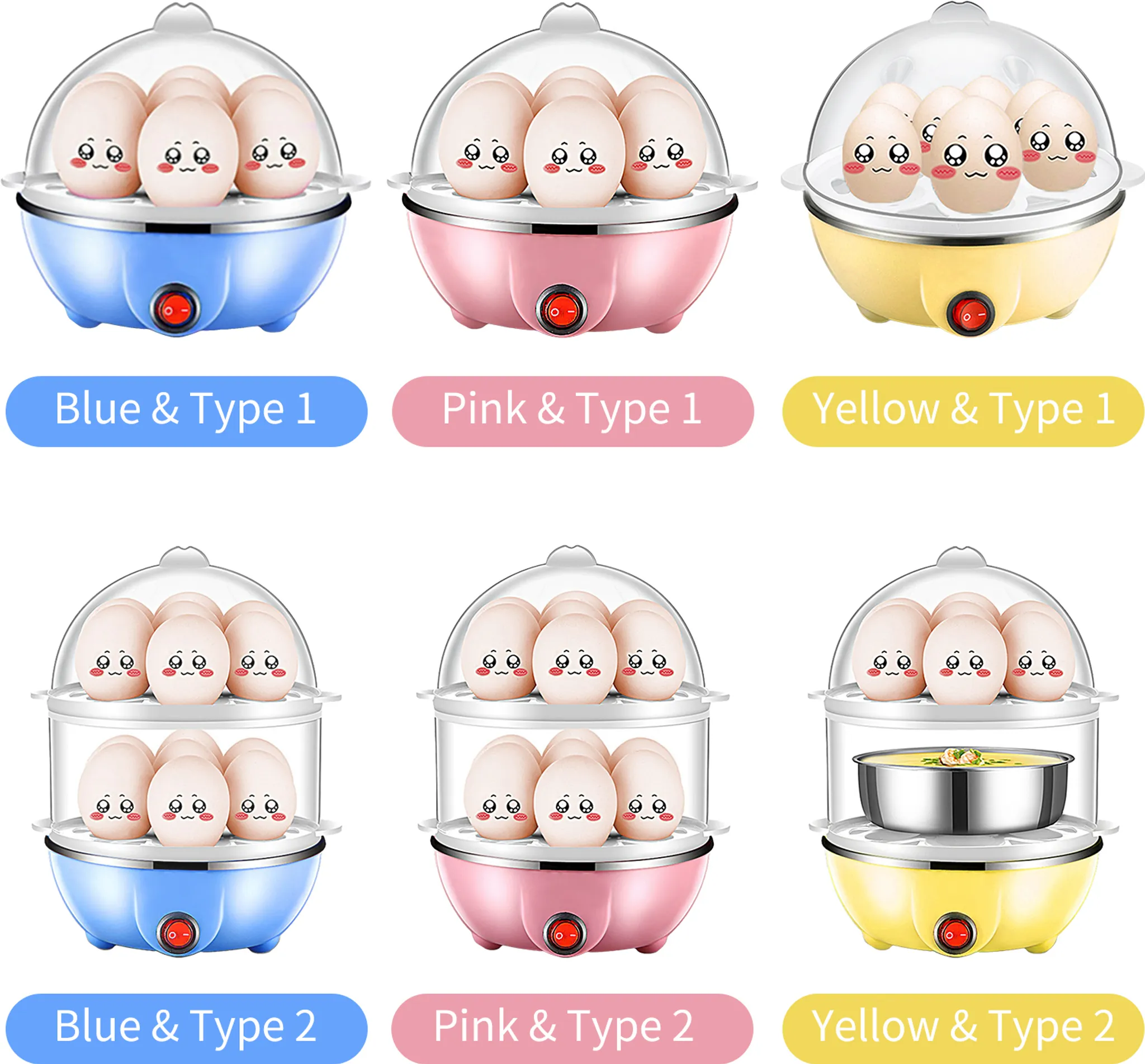 Das Bild zeigt Eierkocher in verschiedenen Farben. Jeder Kocher hat Eier mit Smiley-Gesichtern. Auf den Etiketten steht 'Type 1' und 'Type 2'.