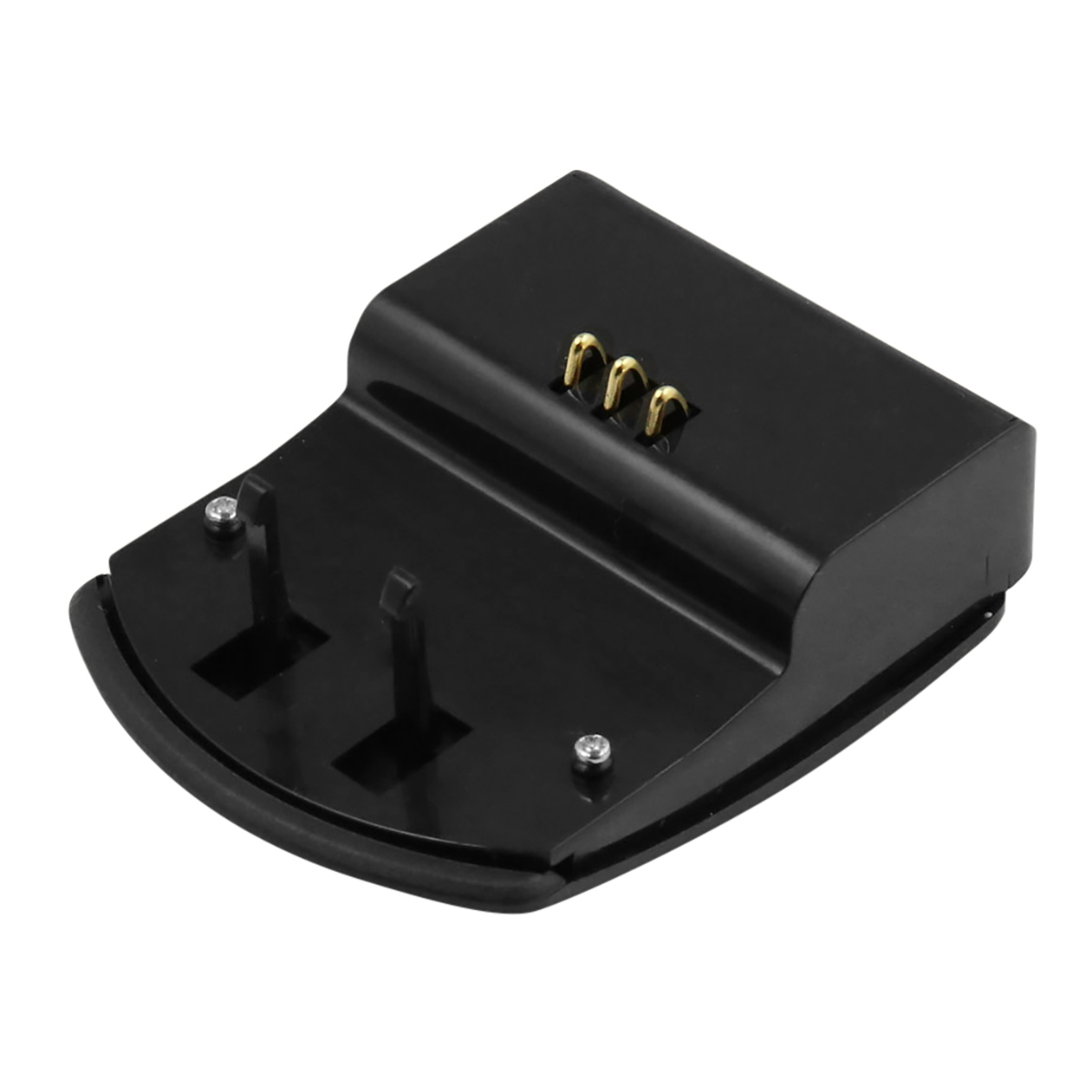 Schwarze Ladestation mit goldenen Anschlüssen. Zwei Stifte und Schraubenköpfe sind sichtbar. Gebogene Basis, rechteckiger oberer Abschnitt.