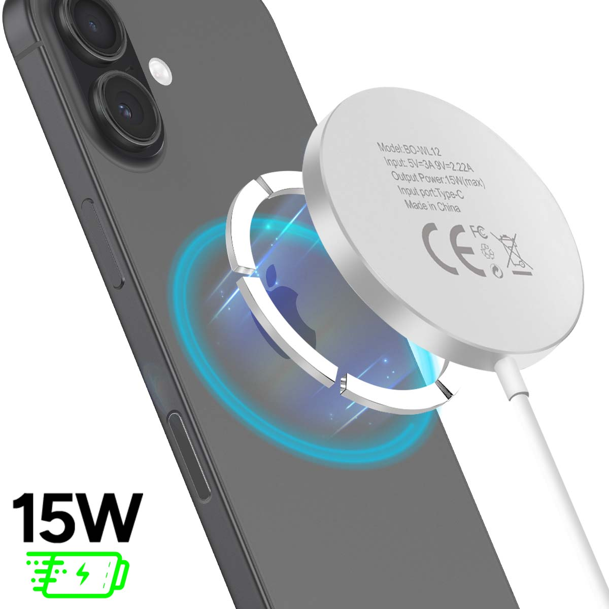 Ein Telefon und ein weißes kabelloses Ladegerät. Das Ladegerät ist mit dem Telefon verbunden und hat eine 15-W-Ladeanzeige.
