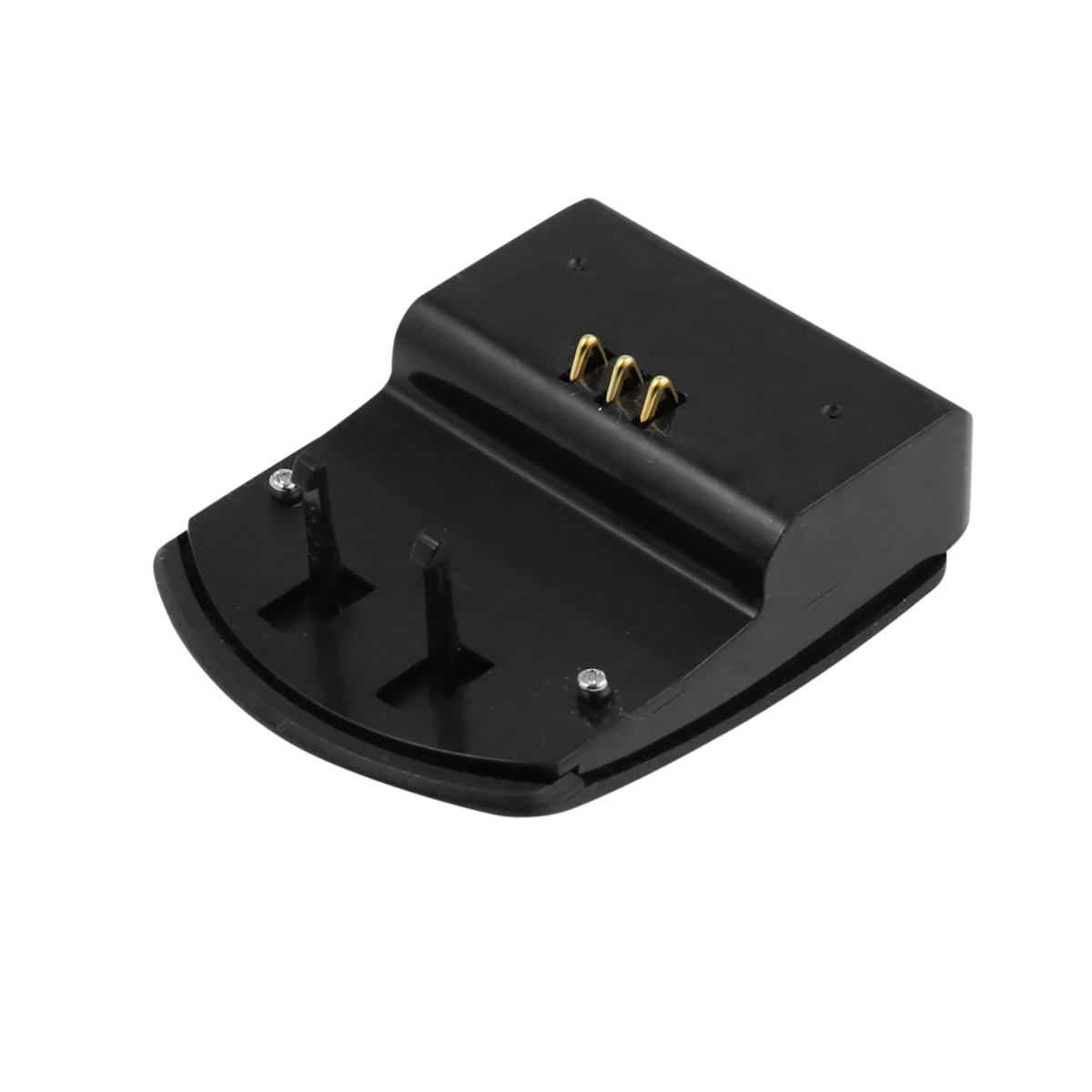 Eine schwarze Ladestation mit goldfarbenen Stiften. Es hat eine gebogene Basis und zwei vertikale Pfosten. Der Hintergrund ist weiß.