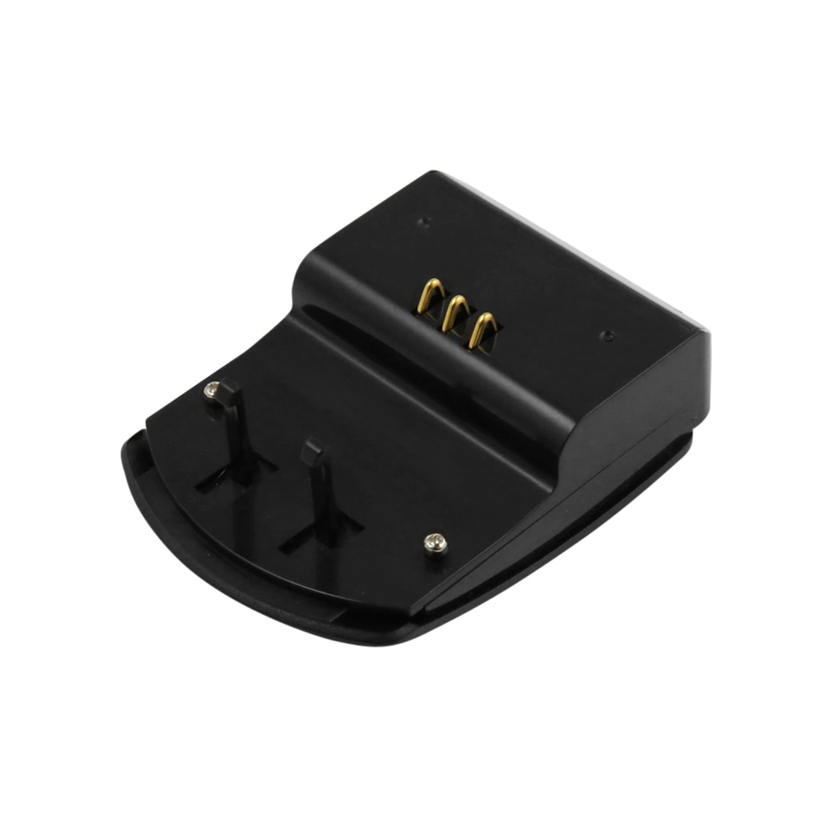 Schwarze Ladestation mit goldenen Stiften. Das Dock hat zwei vertikale Pfosten und zwei Schrauben. Isoliert auf weißem Hintergrund.