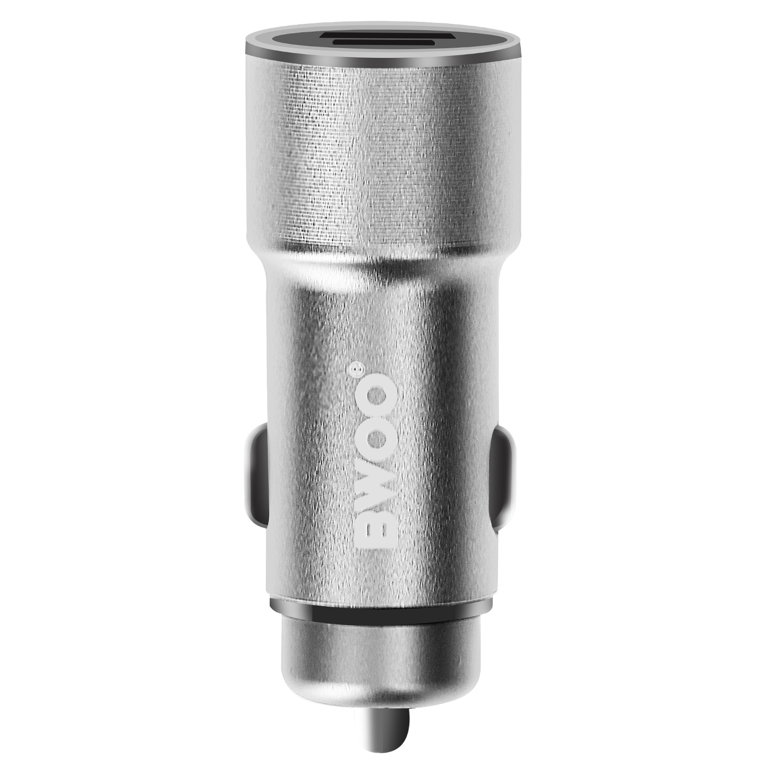 Ein silbernes Autoladegerät mit USB-Anschluss. Es hat einen zylindrischen Körper mit dem Markennamen 'BWOO'.