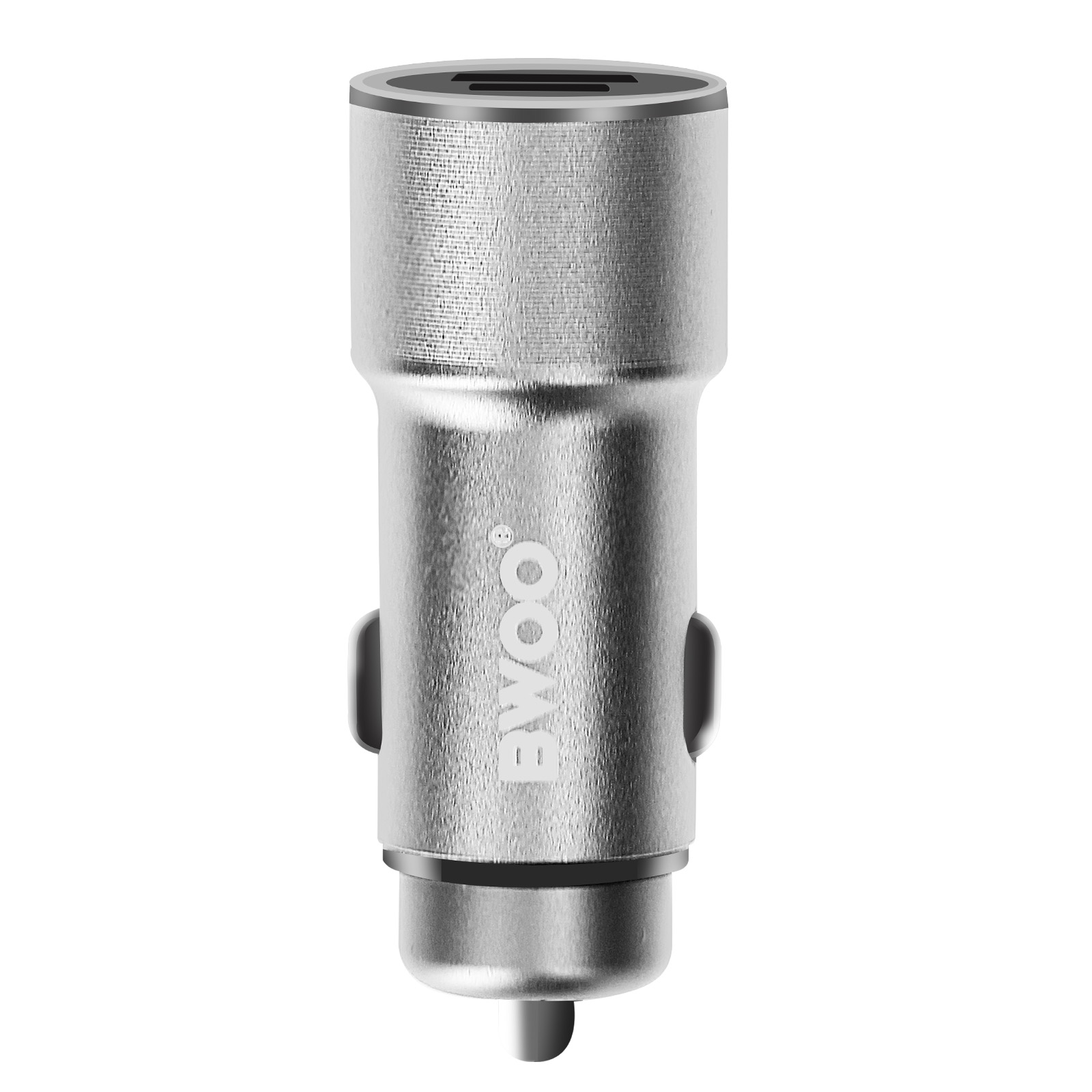 Ein silbernes Autoladegerät mit USB-Anschluss oben. Es trägt den Markennamen 'BWCO'.