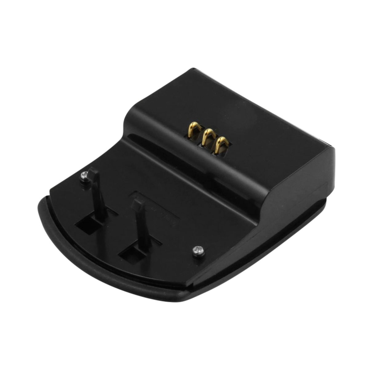 Eine schwarze Ladestation mit goldfarbenen Stiften. Sie hat zwei vertikale Pfosten und eine gebogene Basis. Schrauben sind sichtbar.