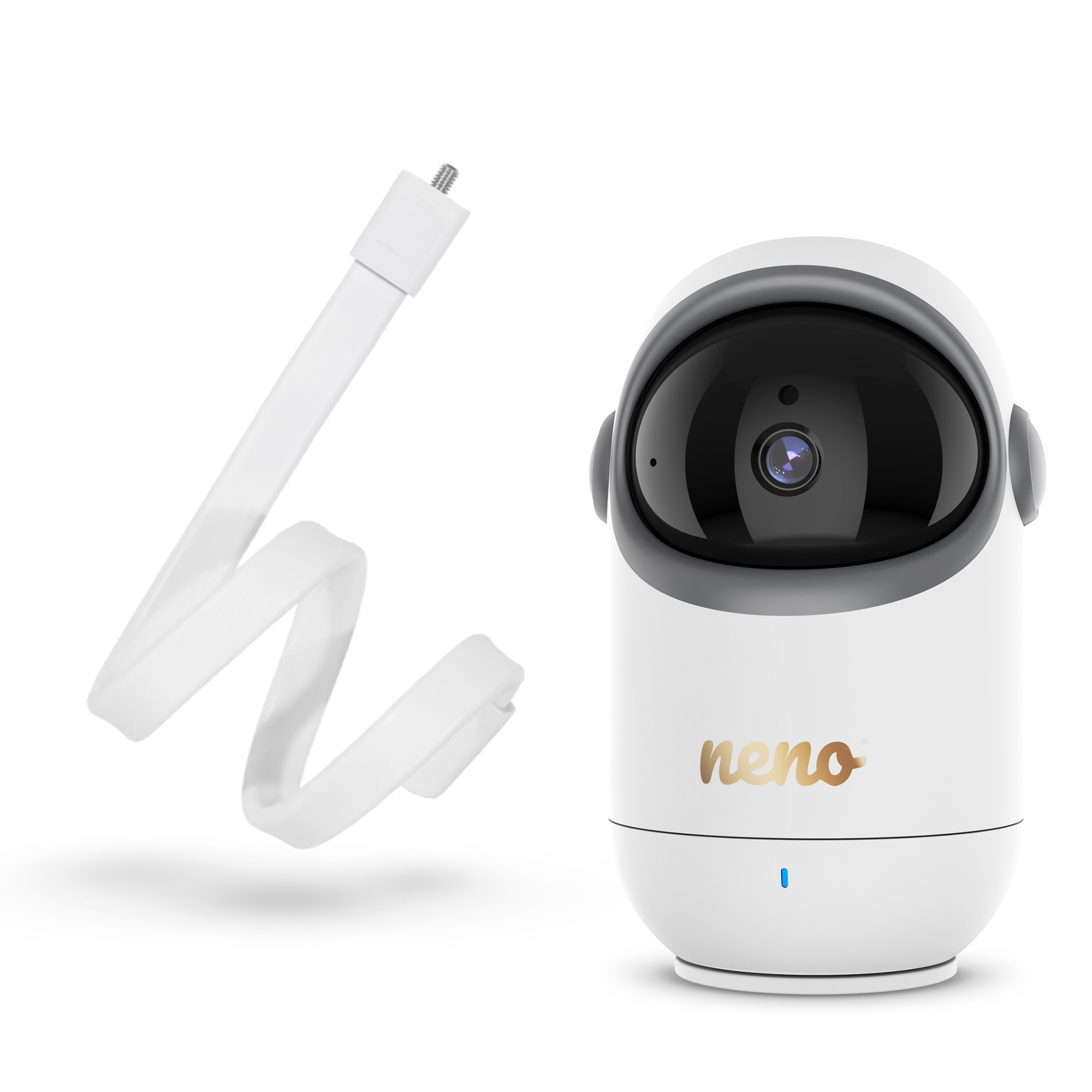 Biały niania elektroniczna z elastycznym ramieniem. Monitor ma czarną soczewkę i złoty napis 'neno'.