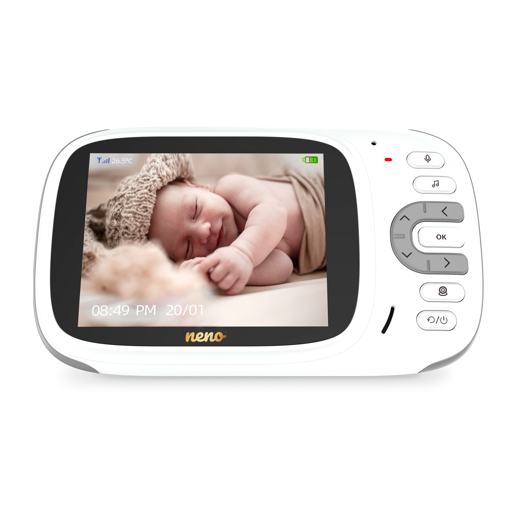 Niania elektroniczna wyświetla śpiące dziecko w czapce. Monitor ma przyciski i pokazuje czas i temperaturę.