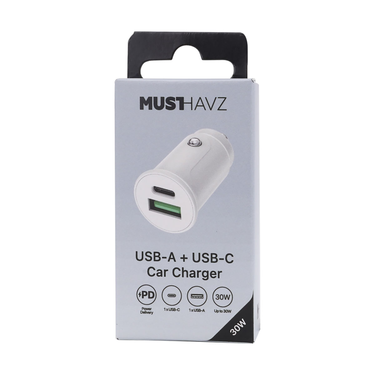 Ein weißes Autoladegerät in einer Schachtel. Auf der Schachtel steht 'MUSHAVZ' und 'USB-A + USB-C Car Charger'. Es hat Power Delivery und 30W.