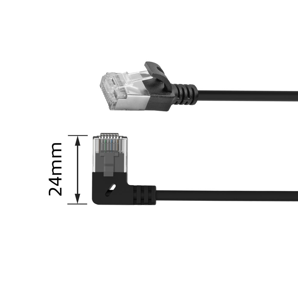 Ein Ethernet-Kabel mit Steckern. Ein Stecker ist gerade, der andere abgewinkelt. Links ist ein 24-mm-Maß zu sehen.